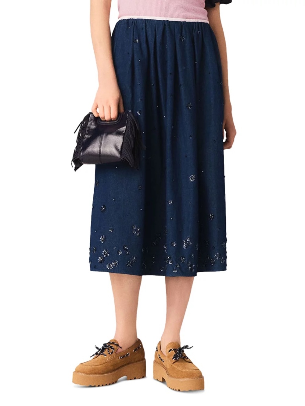 Jobradita Embroidered Denim Midi Skirt